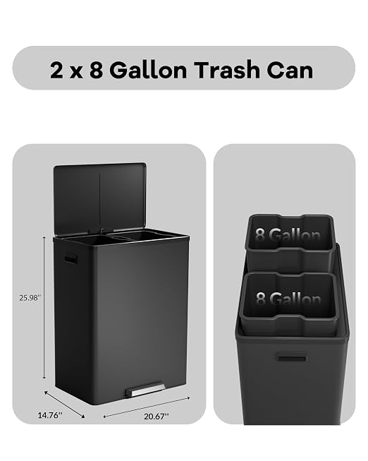 Garvee Dual Trash Can for Recycling and Trash, 2 x 30 L Stainless Steel Kitchen - Image 5