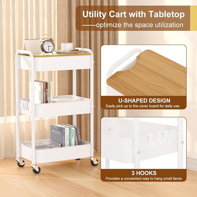 3 Tier Metal Utility Cart, Rolling Storage Cart - Image 3