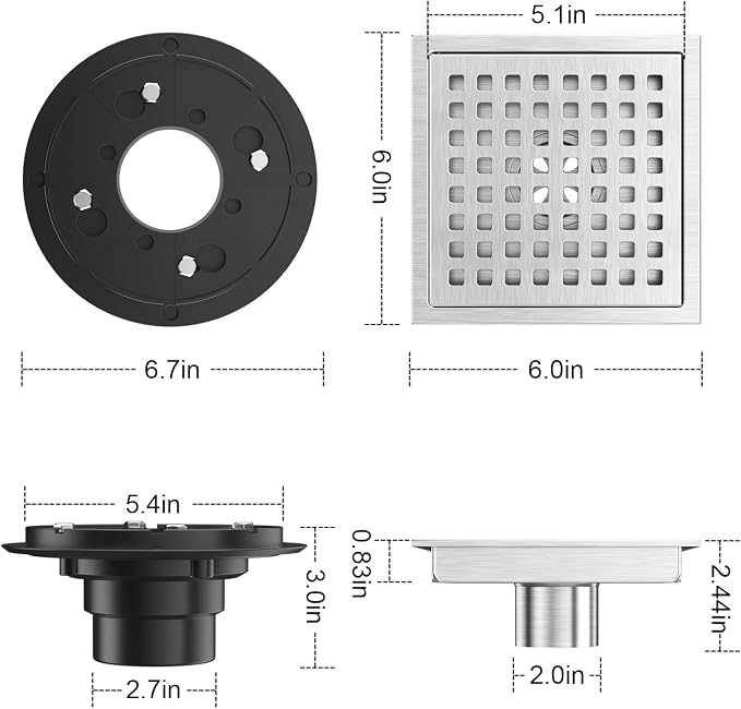 6 Inch Square Shower Floor Drain Brushed Stainless Steel Drain Kit - Image 3
