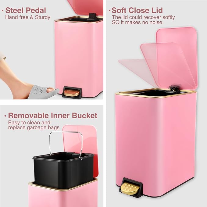Small Bathroom Trash Can with Lid Soft Close, 1.8 Gallon Stainless Steel - Image 3