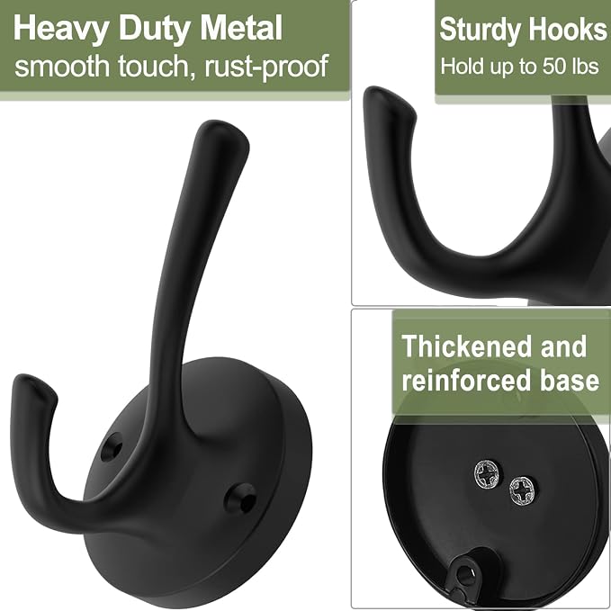 Matte Black Wall Hooks, 4 Pack Heavy Duty Coat Towel Hook Metal Double Backpack - Image 5