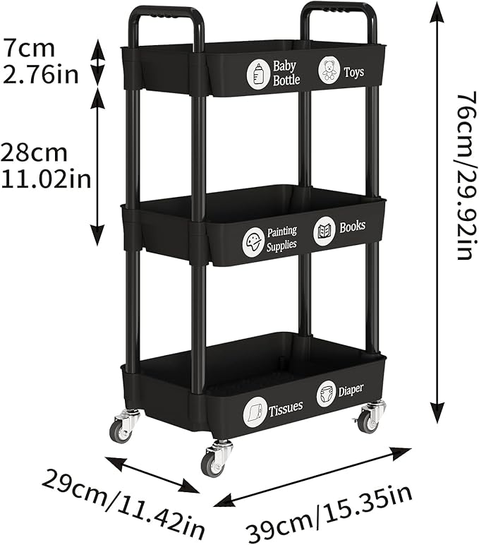 Laiensia 3-Tier Kitchen Storage Cart, Mobile Shelving Unit Cart - Image 6