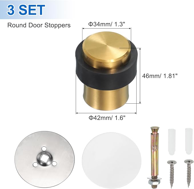 PATIKIL 3Set Round Door Stoppers, 46mm Stainless Steel Door Stop Doorstop Wedge - Image 2
