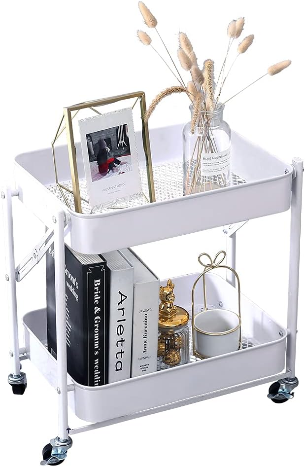 Melody House 2-Tier Metal Folding Rolling Cart, Mobile Utility Cart Trolley by MelodyHouse