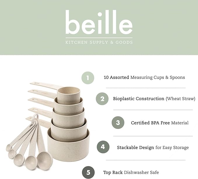 Beille Cream Wheat Straw Measuring Cups Spoons Set Cooking Baking Tools 10pc - Image 2