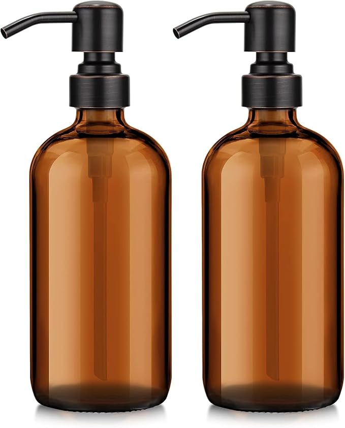 AmazerBath Amber Glass Soap Dispensers, 2 Glass Amber Pump Bottles, 17 Oz Dish by AmazerBath