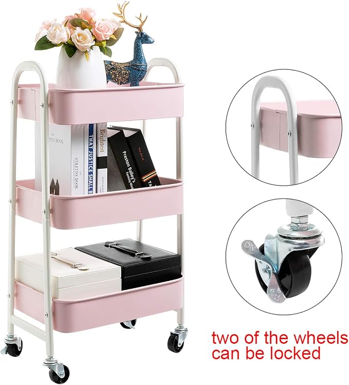 AGTEK Makeup Cart, Movable Rolling Organizer Cart, 3 Tier Metal Utility Cart - Image 5