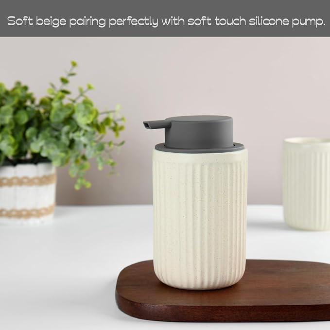 Beige Ceramic Foaming Soap Dispenser, Speckled Rippled 12 oz Bottle - Image 5
