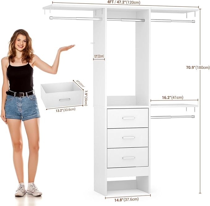 4FT Small Closet System with 3 Fabric Drawers, Flexible Built-In Clothes - Image 6