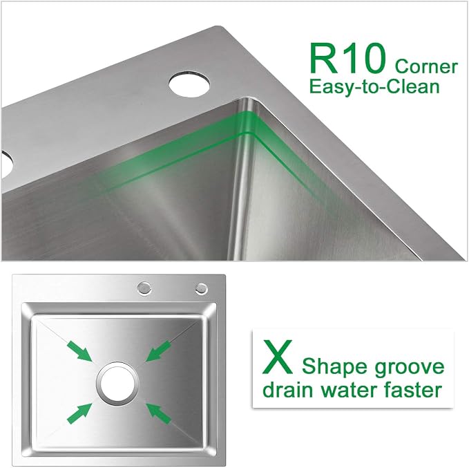20x16x9 Inch Drop in Kitchen Sink, Handmade 304 Stainless Steel Single Bowl - Image 5