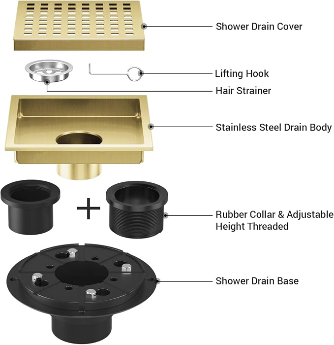 Shower Drain Brushed Gold 6 Inch, Square Floor Drain, Stainless Steel Drain Kit - Image 2