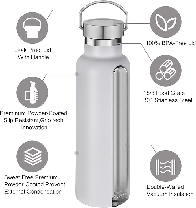 Neihepal White Stainless Steel Water Bottles, 20 Ounce Vacuum Insulated Double - Image 3