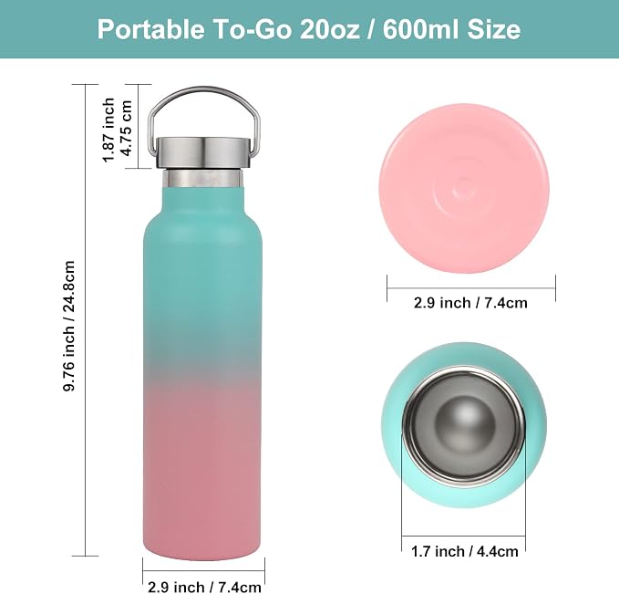 Neihepal 20 oz Insulated Water Bottles Bulk 2 Pack, Stainless Steel Double Wall - Image 5