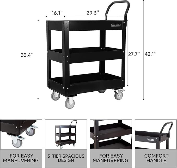 3 Tray 29.3 inch Tool Cart, self Assembly, 300 LBS Capacity Rolling Tool Carts - Image 3