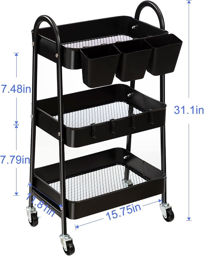 danpinera 3-Tier Rolling Cart, Metal Rolling Storage Cart - Image 3