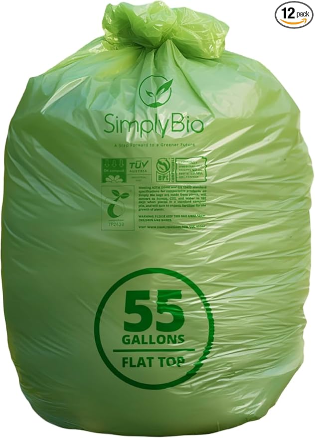 50-55 Gallon Compostable Trash Bags Flat-Top, Heavy Duty Extra Thick 1.57 Mil by Mazatzal