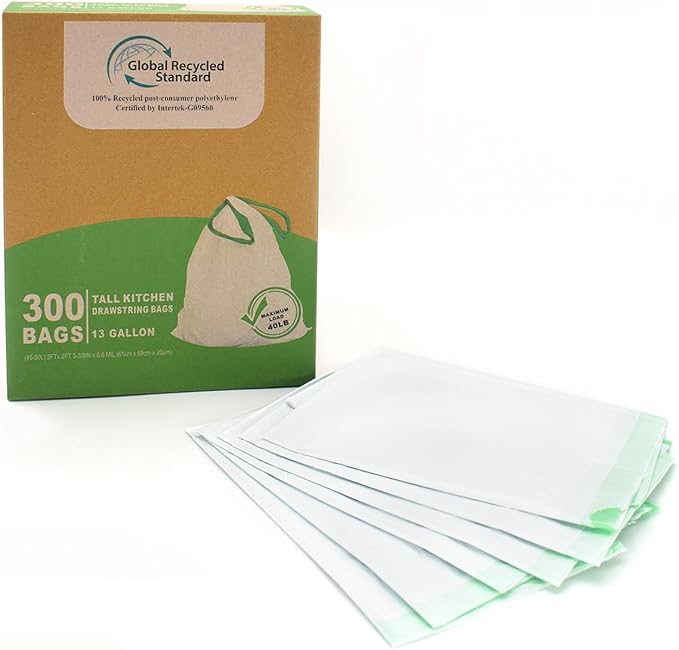TYPLASTICS 300 Count 13 Gallon Tall Kitchen Drawstring Trash Bags, GRS Compliant - Image 8