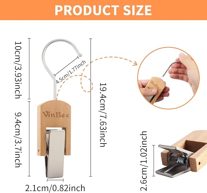 VinBee 6 PCS Hooks with Clips for Hanging, Wooden Laundry Hooks Hanging Clips - Image 2