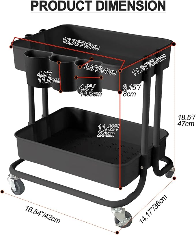 Melody House 2-Tier Utility Rolling Cart Storage Sofa Side Table - Image 4