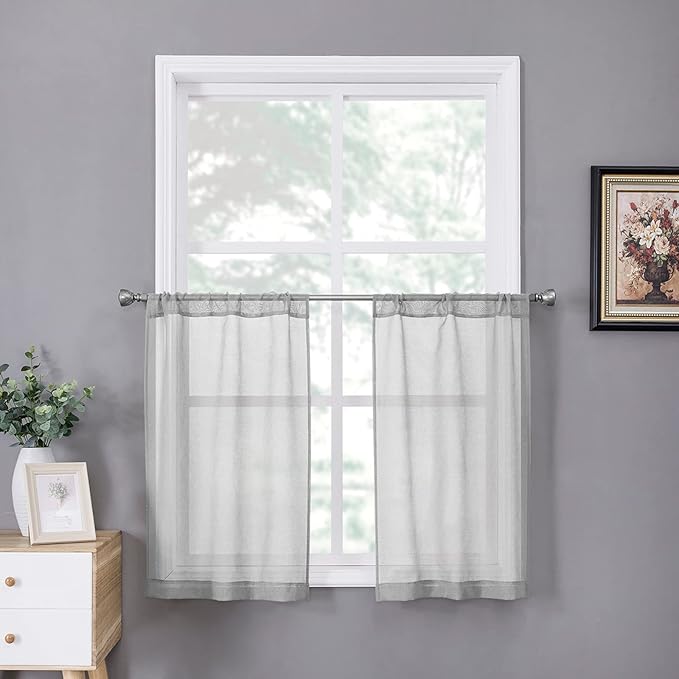 Tollpiz Sheer Tier Curtain Linen Textured Half Kitchen Curtains Sheer Light by Tollpiz