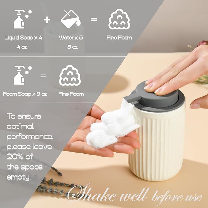 Beige Ceramic Foaming Soap Dispenser, Speckled Rippled 12 oz Bottle - Image 3