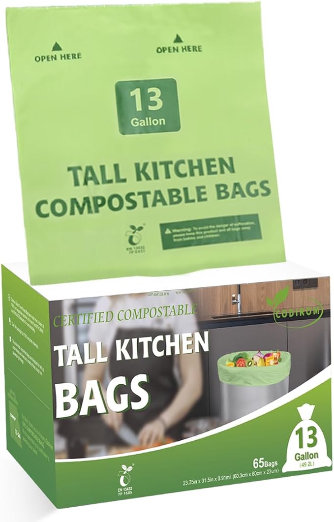 100% Compostable Trash Bags, 13 Gallon, 49.2 Liter, 0.91 Mils by Codirom