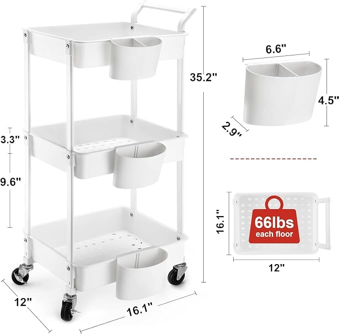 3-Tier Utility Rolling Cart, Mobile Utility Cart - Image 2