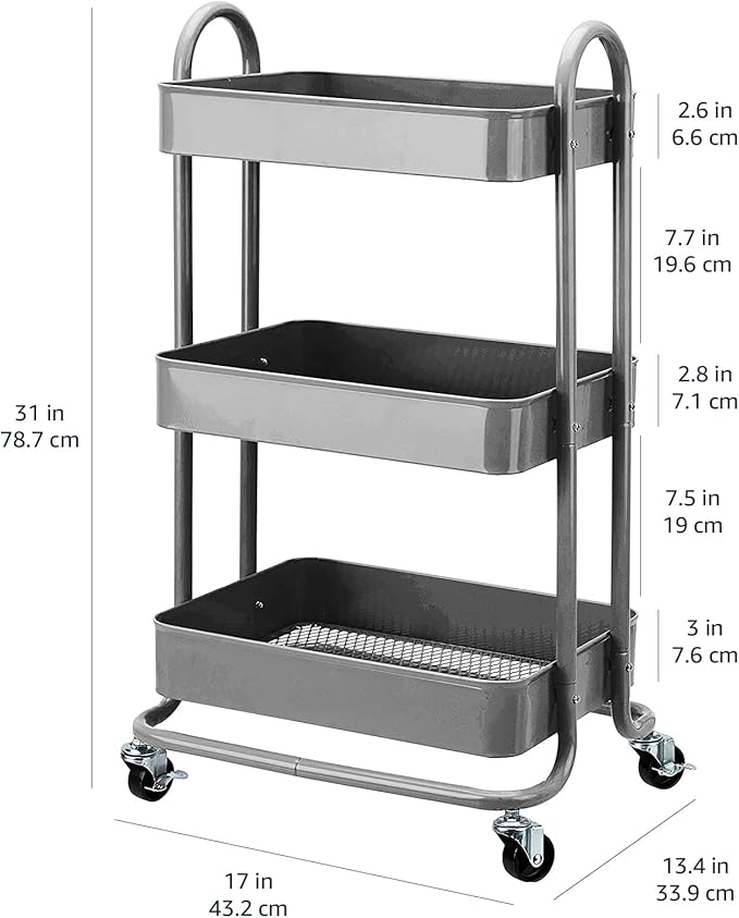 Amazon Basics 3-Tier Rolling Utility or Kitchen Cart, Lockable Wheels - Image 5