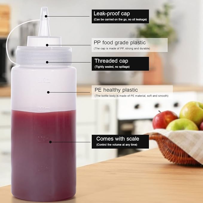 Squeeze Bottles for Sauces 2 Pack, 16 Ounce Plastic Dressing Squirt Bottles - Image 3