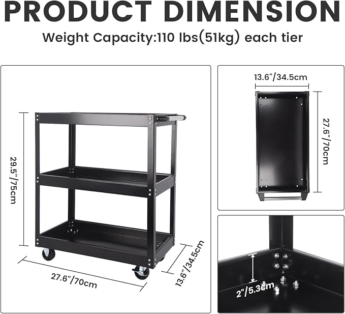3-Tier Commercial Utility Cart, 3 Shelves Steel Service Tool Cart - Image 2