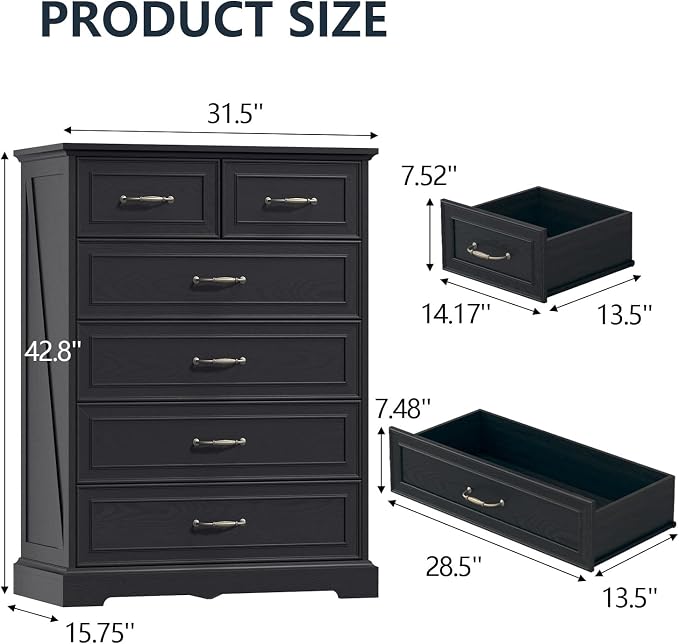 6 Drawer Dresser for Bedroom, Rustic Farmhouse Dresser - Image 2