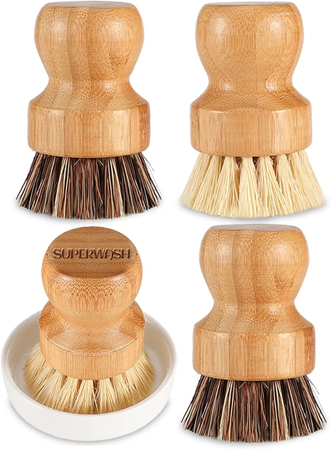 Bamboo Scrub Brush Clean Pan, Dish and Vegetable, Natural Bristles Palm Pot by SUPERWASHPLUS