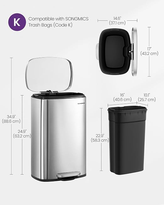 SONGMICS 13 Gallon Trash Can, Stainless Steel Kitchen Garbage Can, Recycling or - Image 6