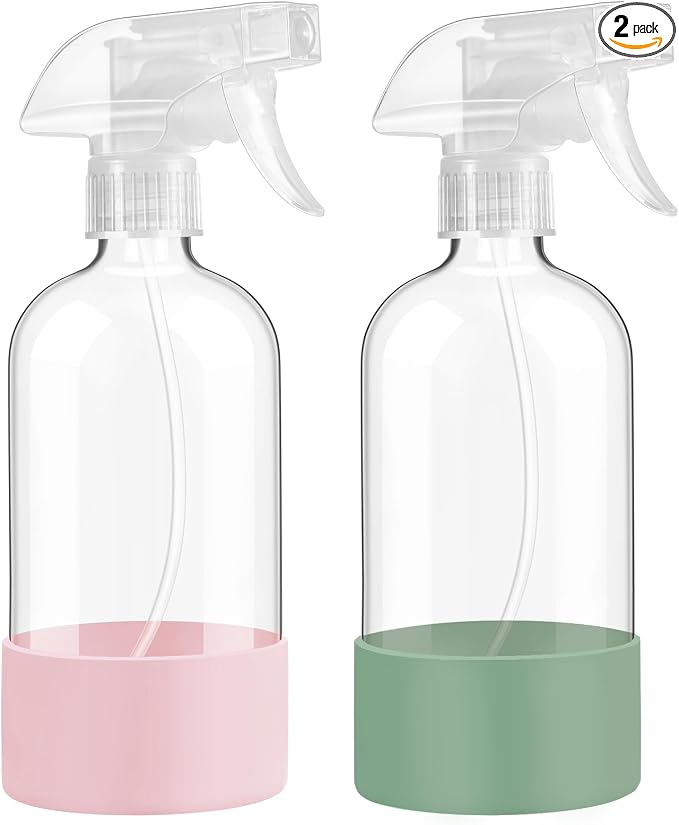 Glass Spray Bottles with Silicone Sleeve Protection, 16 oz Empty Refillable by FANSTINOW