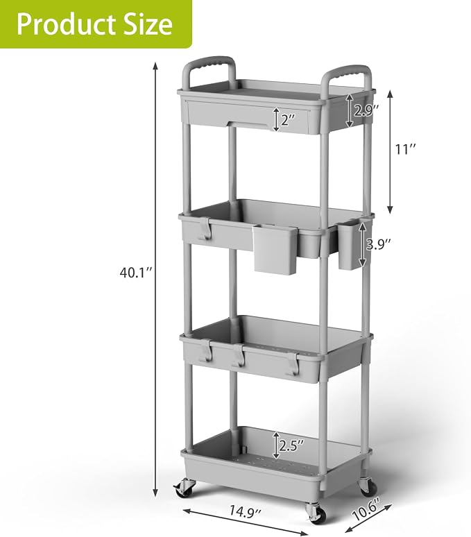 4 Tier Rolling Cart Organizer, Art Craft Diaper Bedside Snack Laundry Room - Image 3