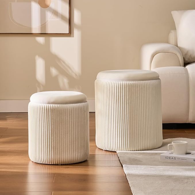 Round Set of 2 Ottoman with Storage-Upholstered Velvet Vanity Stool - Image 4