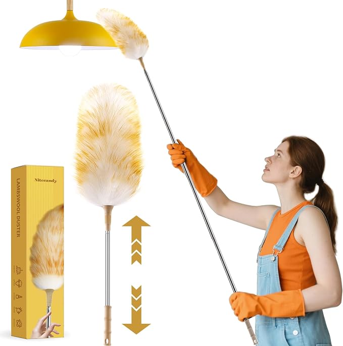 Extendable Lambswool Duster 30-100 Inch, Stainless Steel Long Handle Duster by Nitecandy