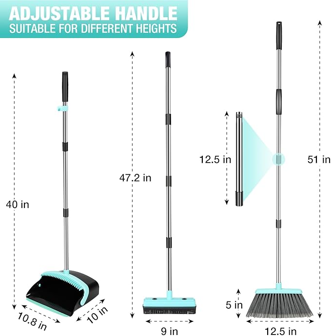 Broom with Dustpan Combo Set, Pet Hair Rubber Broom with Carpet Rake and - Image 2