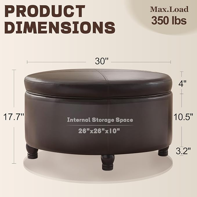 30-Inch Round Storage Ottoman, Modern Ottoman Coffee Table - Image 2