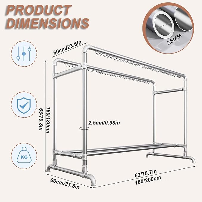 Clothes Drying Rack with Windproof Hooks, 63 inch Drying Rack Clothing Indoor - Image 2