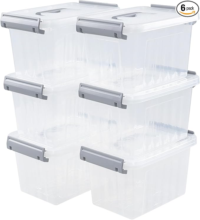3 L Small Clear Storage Latch Box, 6 Pack Plastic Stackable Organizer Containers by Nihenok