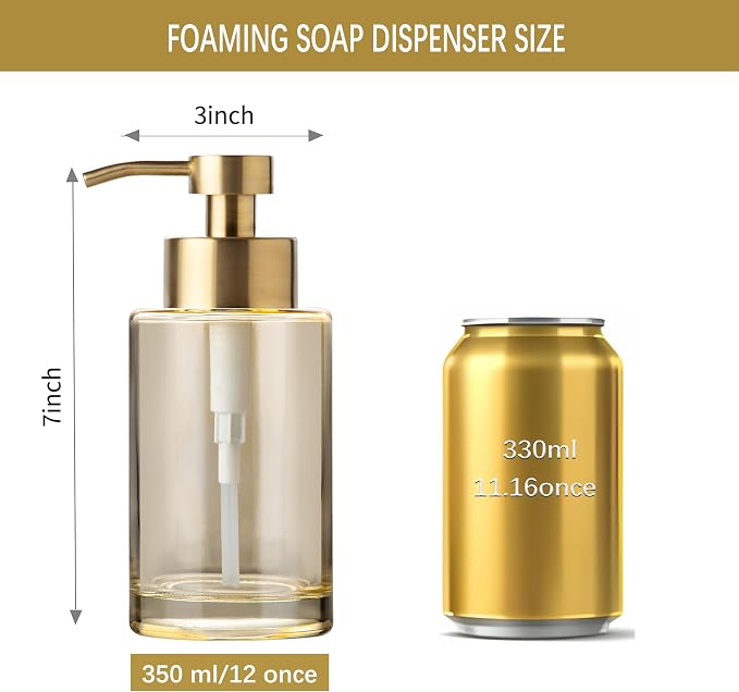 Enra Gold Foaming Soap Dispenser, 12oz Thick Glass Bathroom & Kitchen Dispenser - Image 4