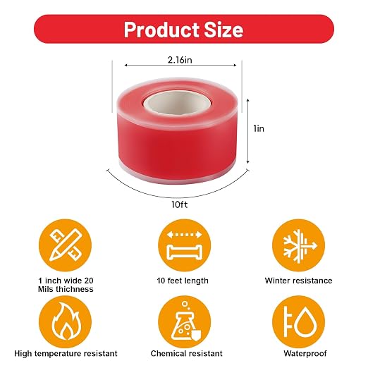 Self Fusing Silicone Tape 2 Rolls 1 in x 10' Red Waterproof Rescue Tape Rubber - Image 2