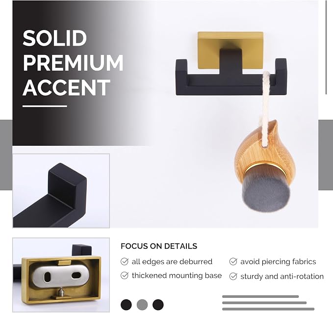 Angle Simple Towel Hook Black & Gold 2 PCS, Stainless Steel Double Hook - Image 6