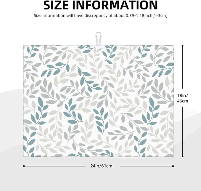 Grey And Blue Leaves Branches Microfiber Absorbent Reversible Dish Drying Mat - Image 3