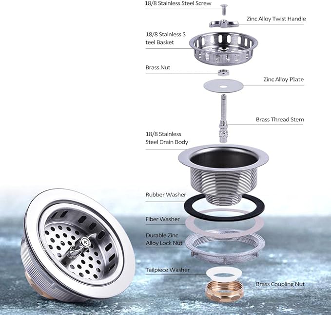 304 Stainless Steel Kitchen Sink Twist Lock Basket Drain Assembly W/Brass - Image 3