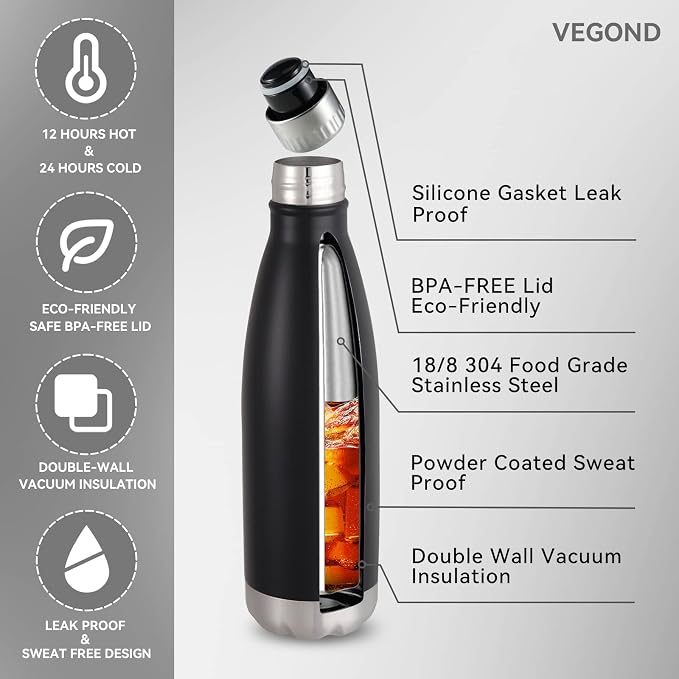 VEGOND 17oz Stainless Steel Water Bottles Bulk, Reusable Metal Sports Water - Image 2