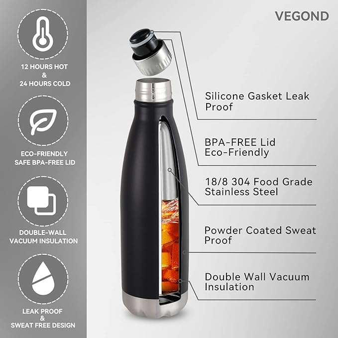 VEGOND 17oz Stainless Steel Water Bottles, Reusable Metal Sports Water Bottle - Image 2