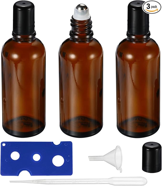 100ML Roller Bottles for Essential Oil, 3 Pack Empty Amber Glass Roller Bottle by HEYLEAYAR