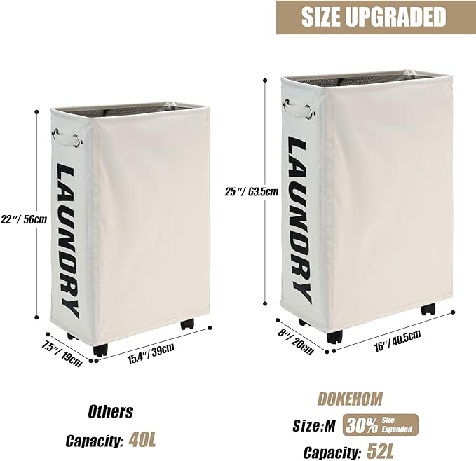 DOKEHOM 25-Inches Slim Laundry Basket on Wheels, Collapsible Rolling Laundry - Image 3
